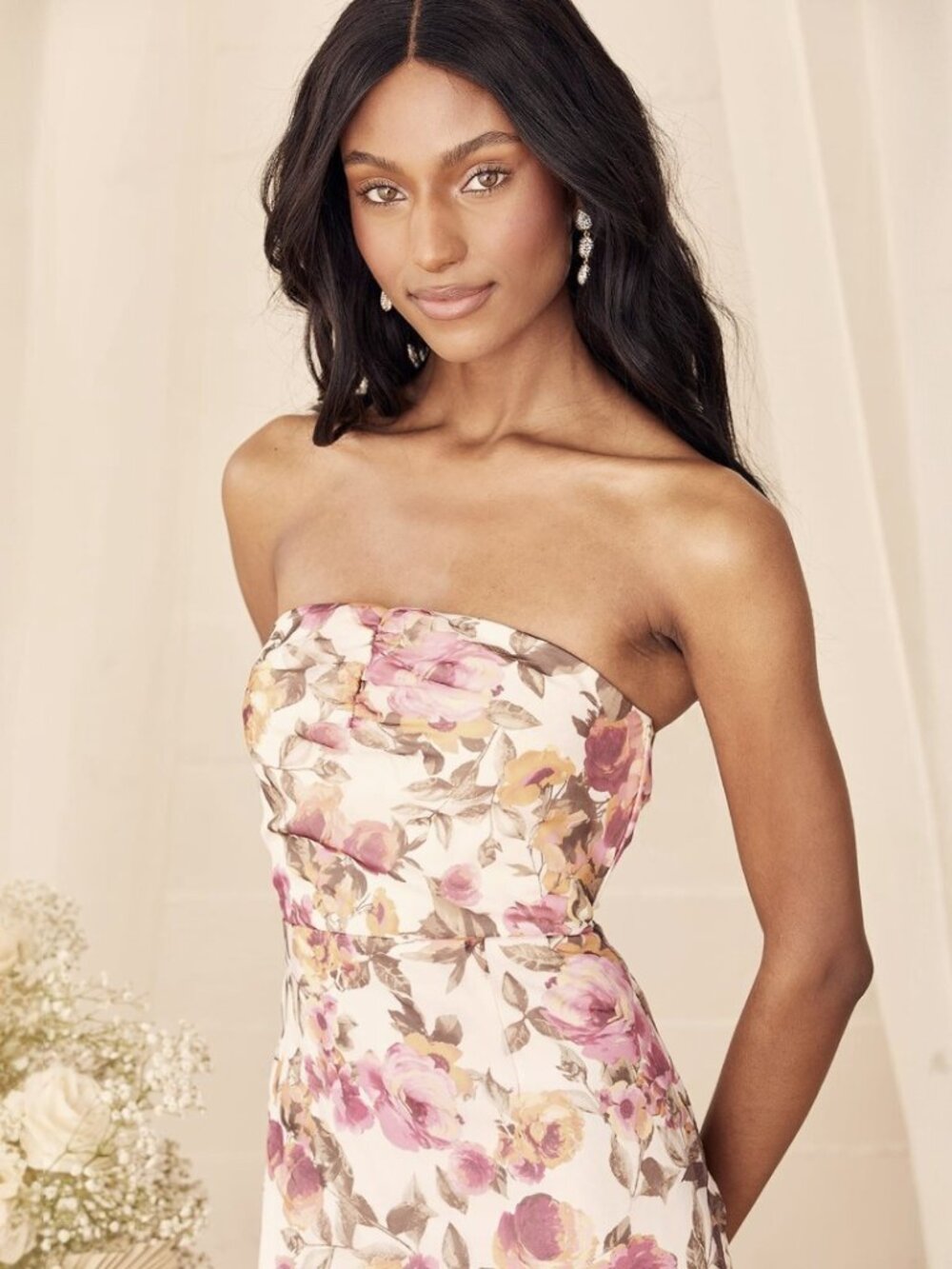 NWT Lulus Fleur of Dreams Ivory and Pink Floral Print Organza Maxi Dress size S - Picture 2 of 14